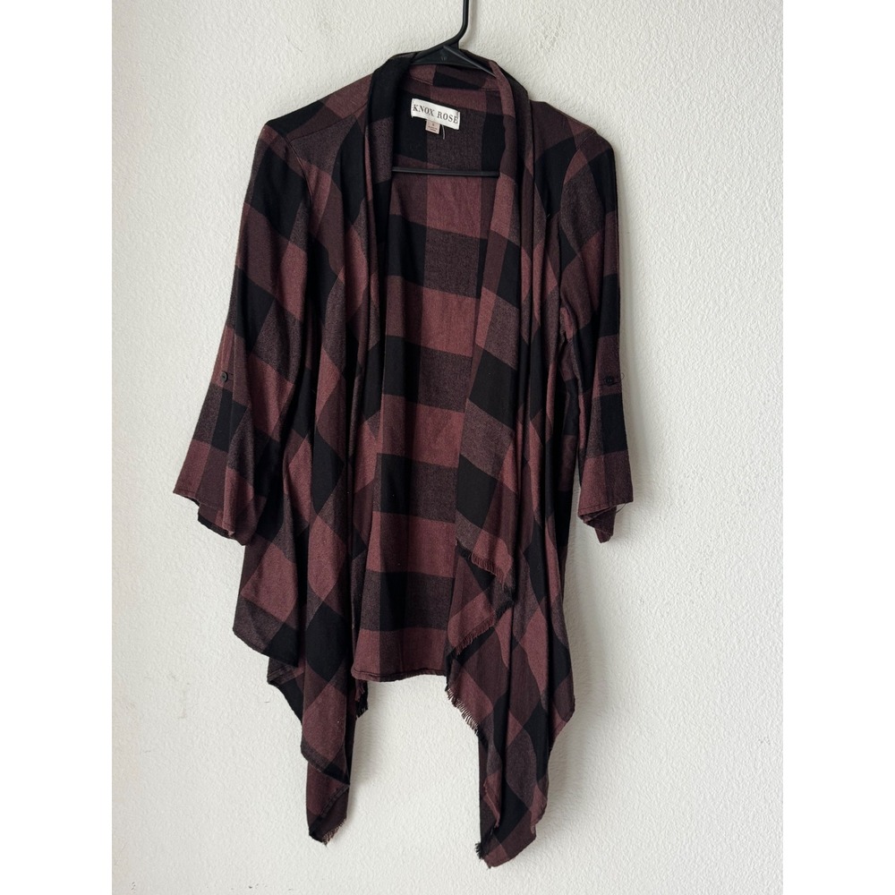 Knox Rose Burgundy Black Buffalo Plaid Open Front Draped Cardigan Small